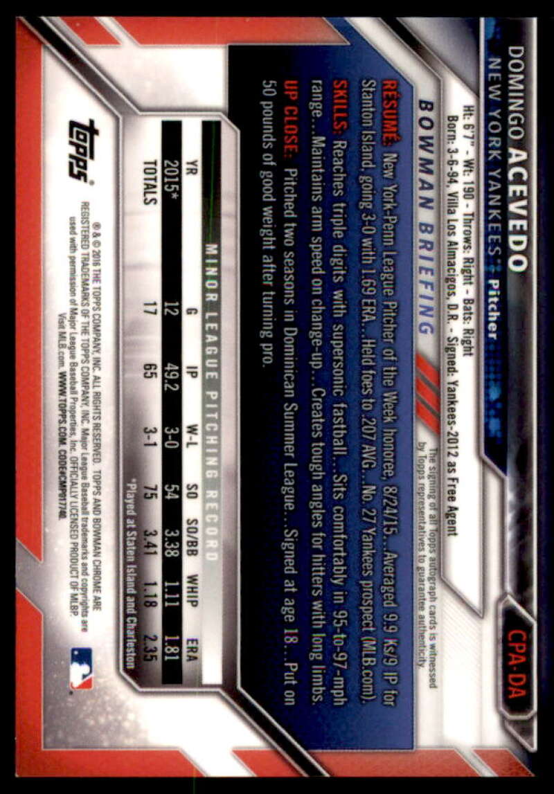 Domingo Acevedo Rookie Card 2016 Bowman Chrome Prospect Autographs #CPADA  Image 2