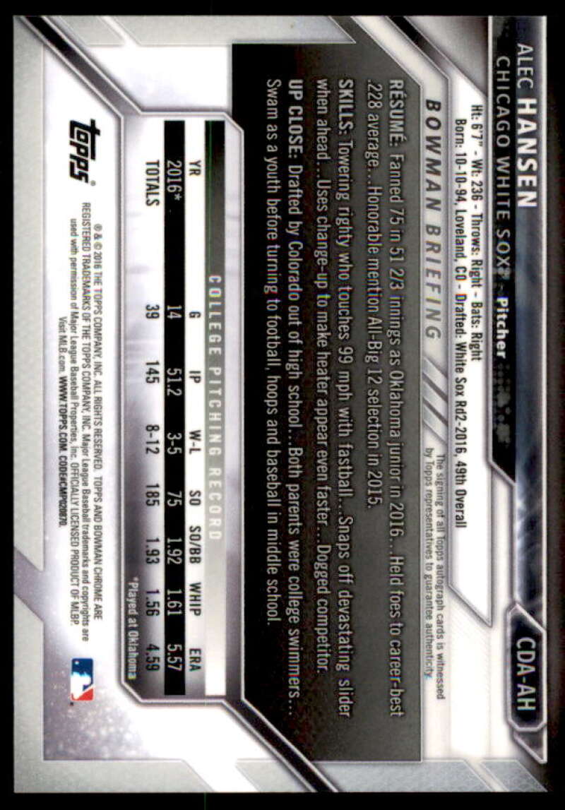 Alec Hansen Rookie Card 2016 Bowman Chrome Draft Draft Pick Autographs #CDAAH  Image 2