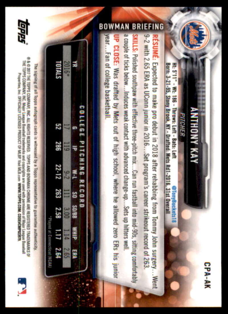 Anthony Kay Rookie Card 2017 Bowman Chrome Prospect Autographs #CPAAK  Image 2