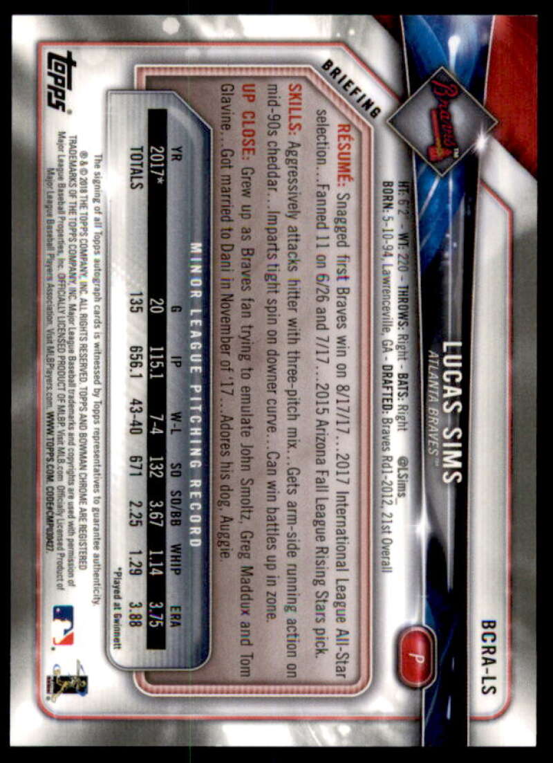 Lucas Sims Rookie Card 2018 Bowman Chrome Rookie Autographs #BCRALS  Image 2