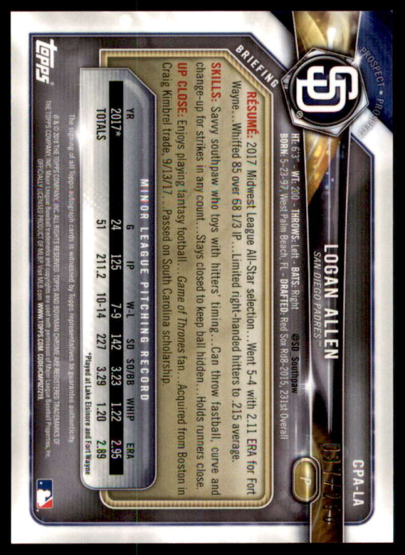 Logan Allen Rookie 2018 Bowman Chrome Prospect AU Purple Refractors #CPALA  Image 2