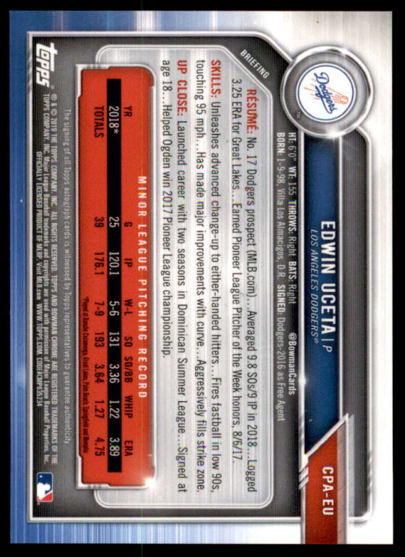 Edwin Uceta Rookie Card 2019 Bowman Chrome Prospect Autographs #CPAEU  Image 2