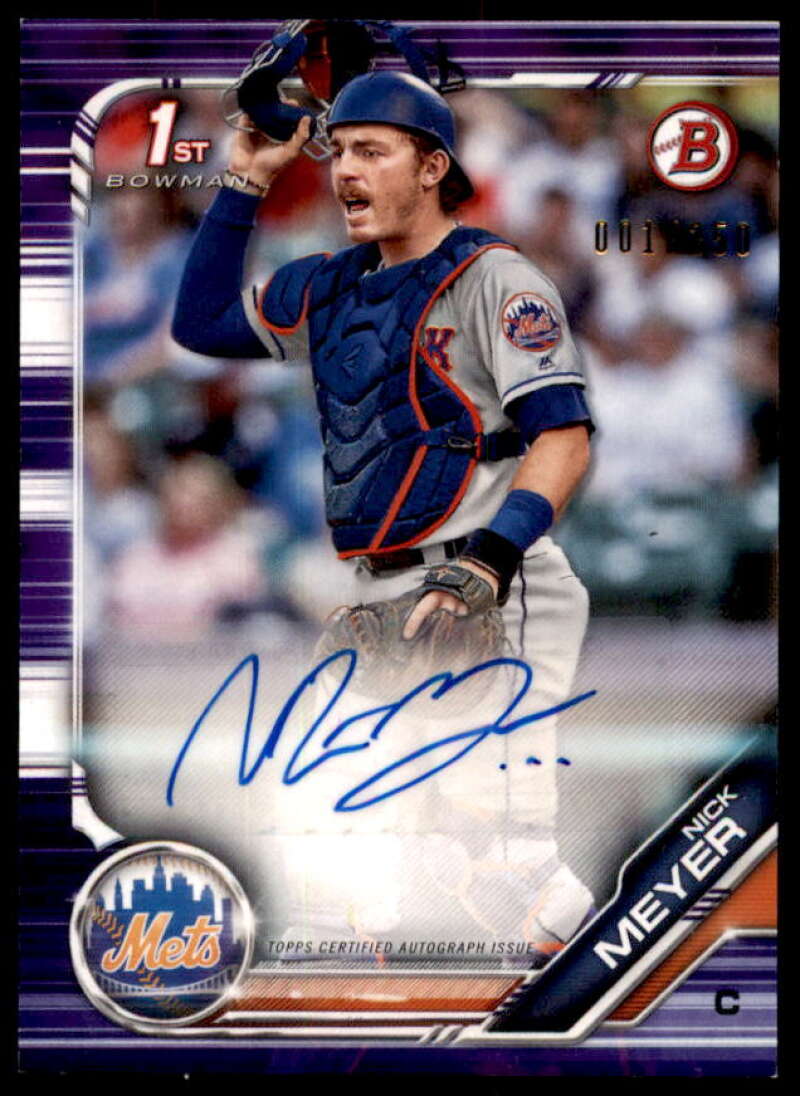 Nick Meyer Rookie Card 2019 Bowman Prospect Autographs Purple #PANM  Image 1