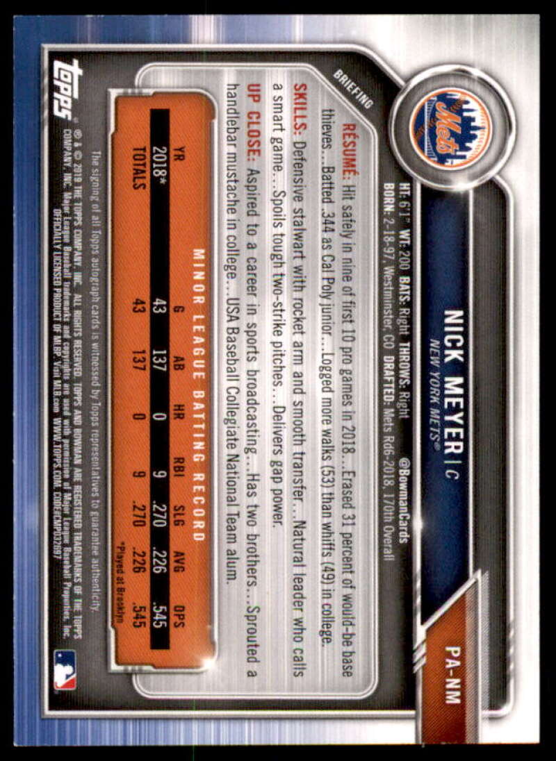 Nick Meyer Rookie Card 2019 Bowman Prospect Autographs Purple #PANM  Image 2