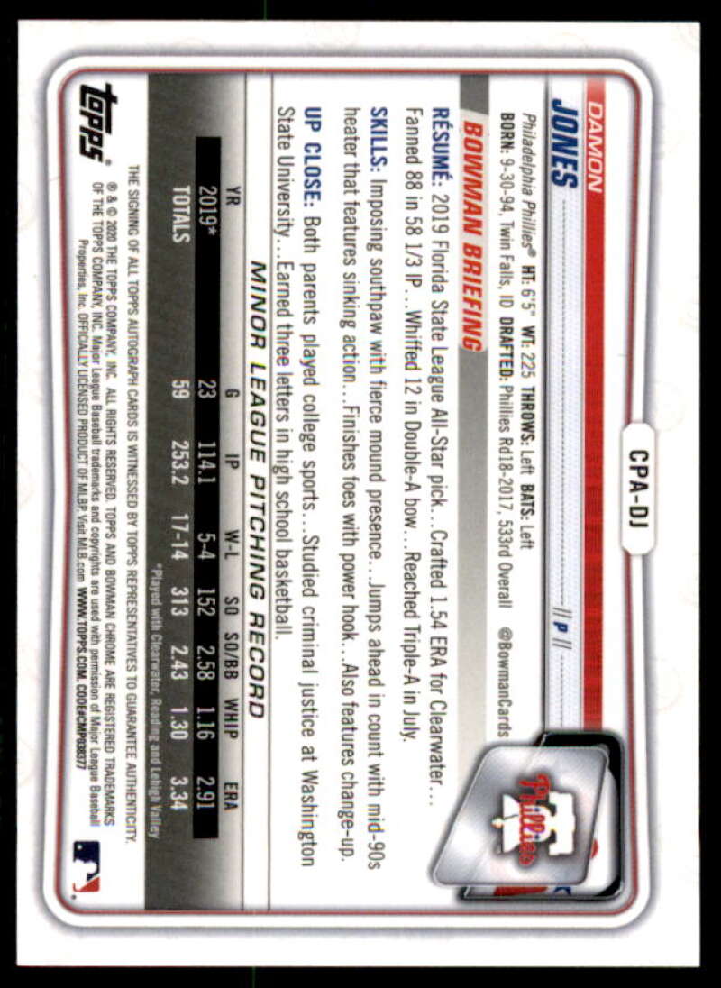 Damon Jones Rookie 2020 Bowman Chrome Prospect AU Purple Refractors #CPADJ  Image 2