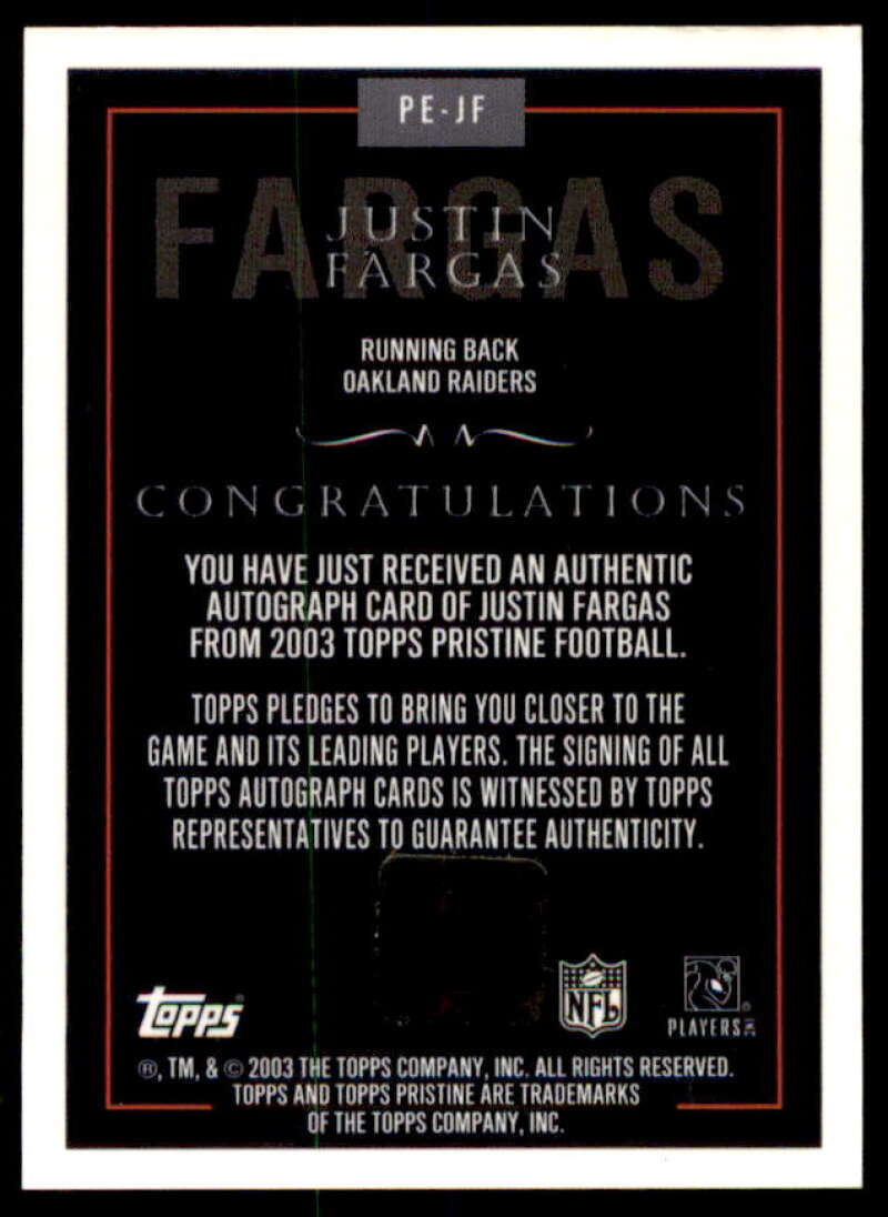 Justin Fargas Rookie Card 2003 Topps Pristine Autographs #PEJF  Image 2