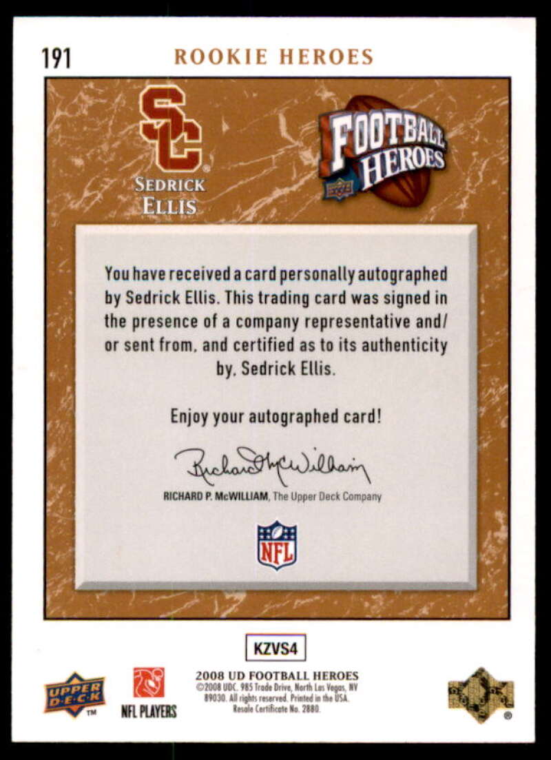Sedrick Ellis Rookie Card 2008 Upper Deck Heroes Autographs Bronze #191  Image 2