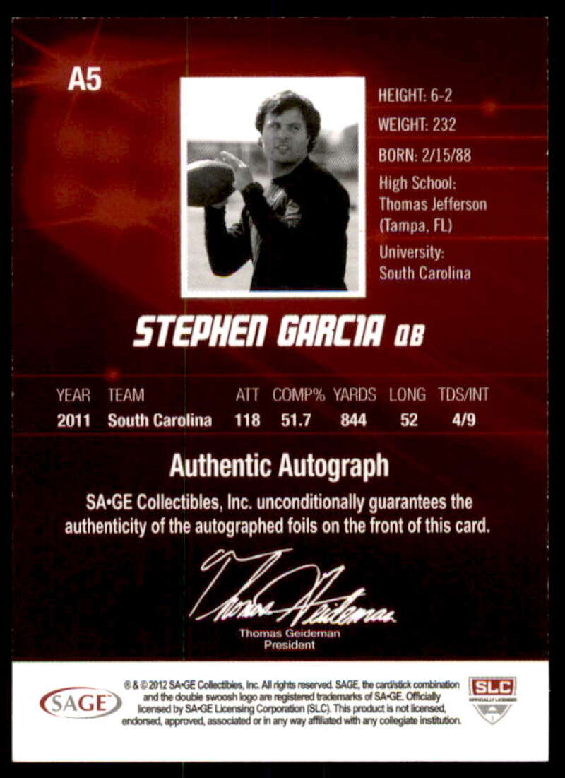 Stephen Garcia Rookie Card 2012 SAGE HIT Autographs #A5  Image 2