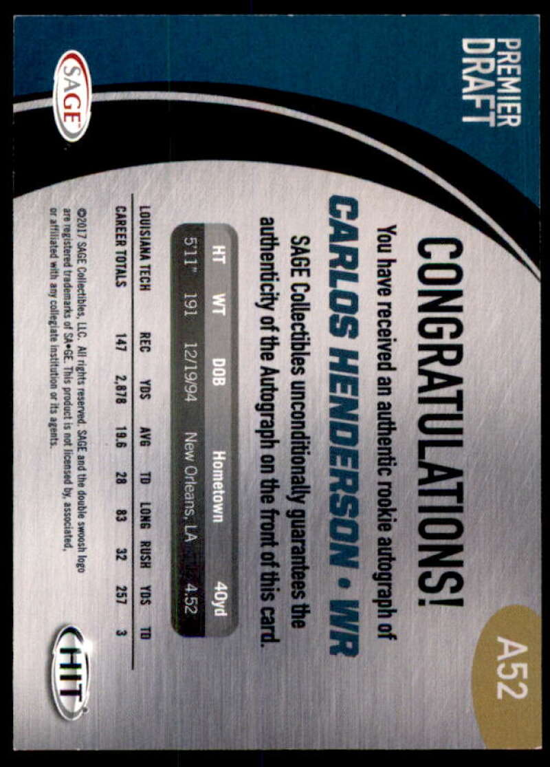 Carlos Henderson Rookie Card 2017 SAGE HIT Premier Draft Autographs #A52  Image 2