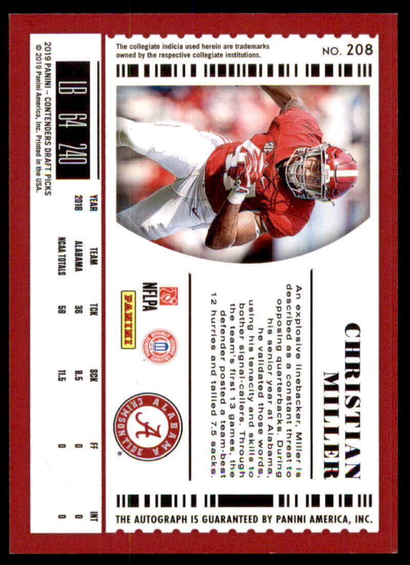 Christian Miller AU RC Rookie Card 2019 Panini Contenders Draft Picks #208  Image 2