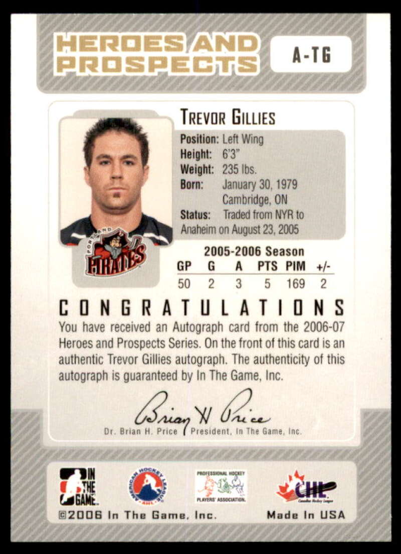 Trevor Gillies Rookie Card 2006-07 ITG Heroes and Prospects Autographs #ATG  Image 2