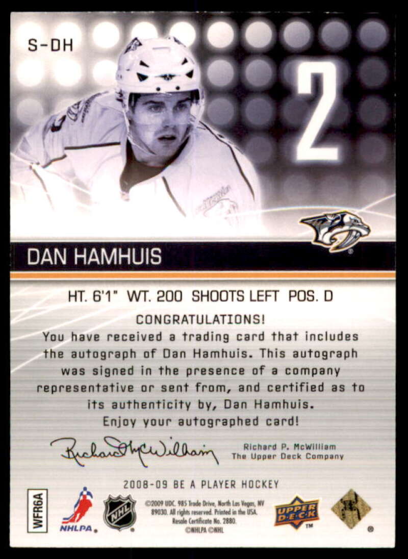 Dan Hamhuis Card 2008-09 Be A Player Signatures #SDH  Image 2