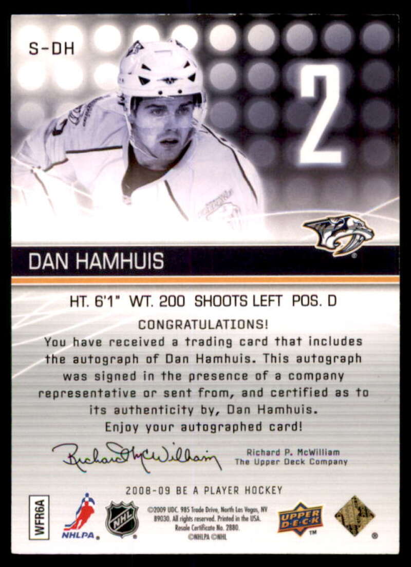 Dan Hamhuis Card 2008-09 Be A Player Signatures #SDH  Image 2