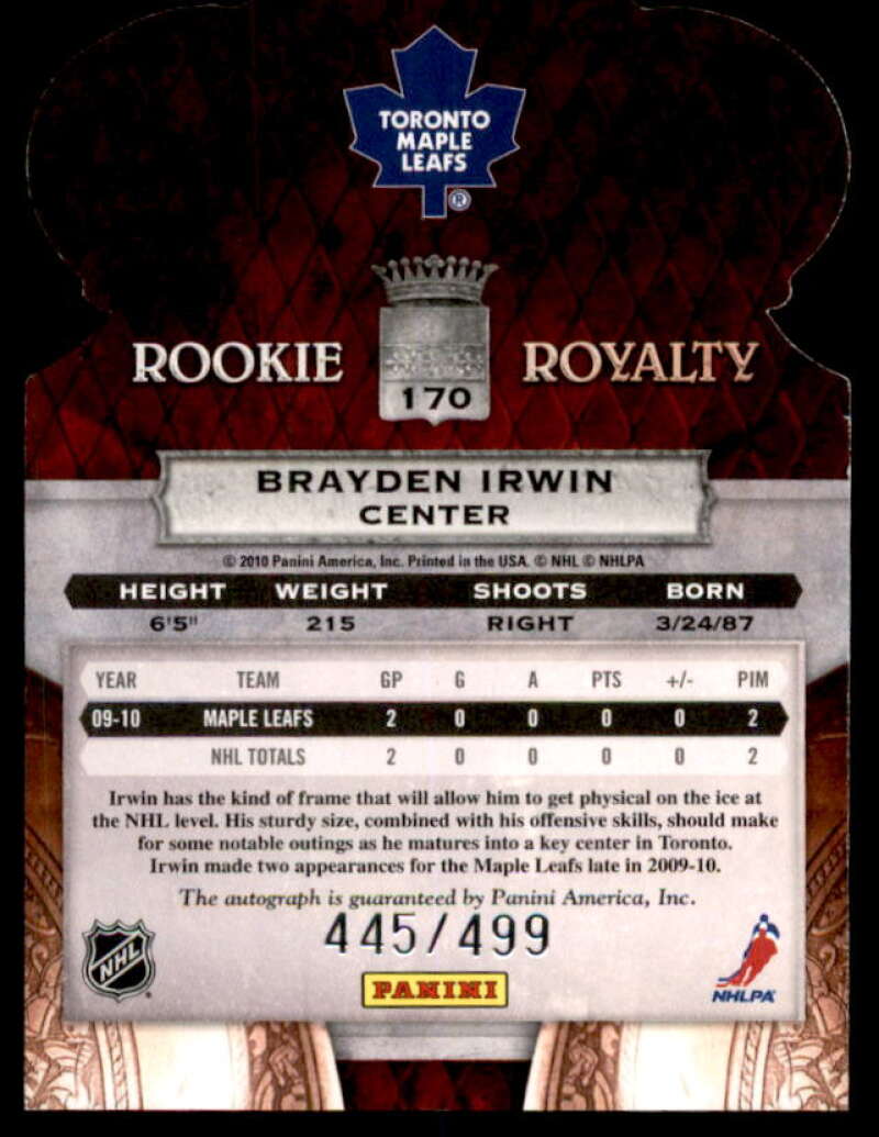 Brayden Irwin AU RC Rookie Card 2010-11 Crown Royale #170  Image 2