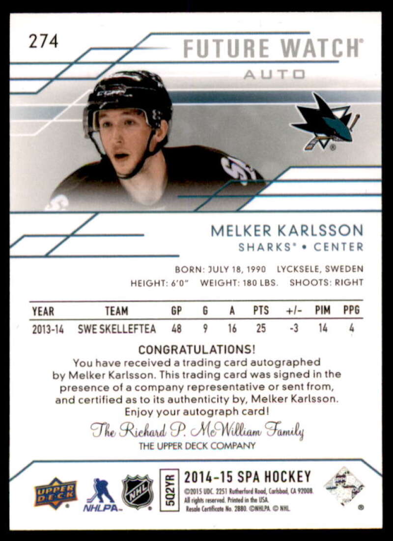 Melker Karlsson AU RC Rookie Card 2014-15 SP Authentic #274  Image 2