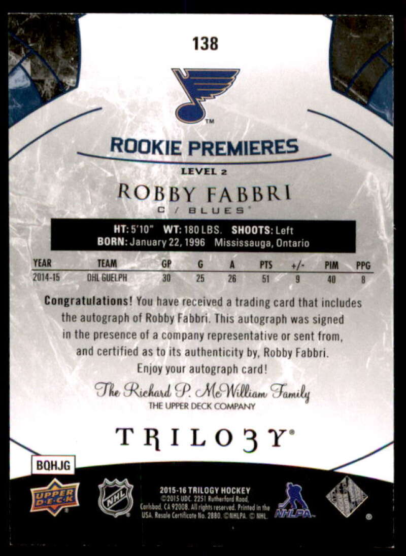 Robby Fabbri AU Rookie Card 2015-16 Upper Deck Trilogy Rainbow Blue #138  Image 2