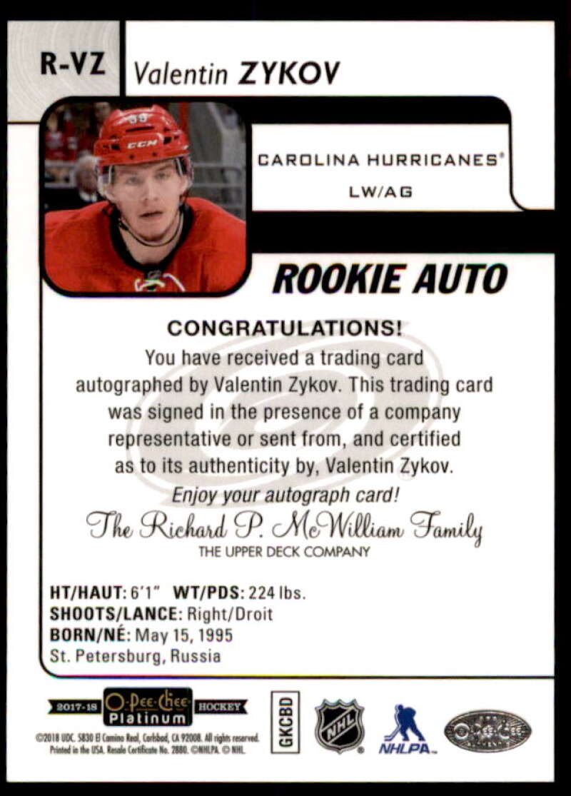 Valentin Zykov Rookie Card 2017-18 O-Pee-Chee Platinum Rookie Autographs #RVZ  Image 2