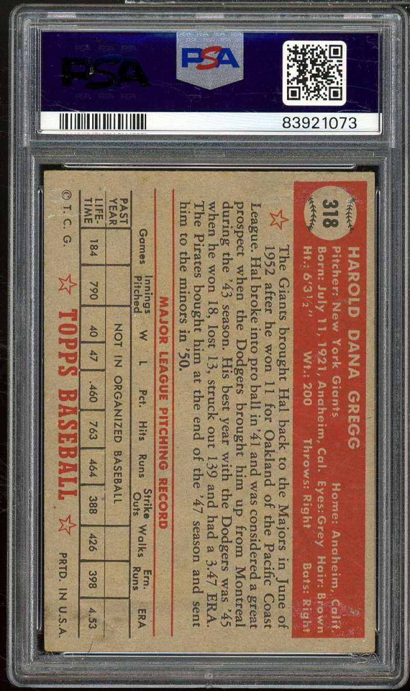 Hal Gregg Card 1952 Topps #318 PSA 4 Image 2