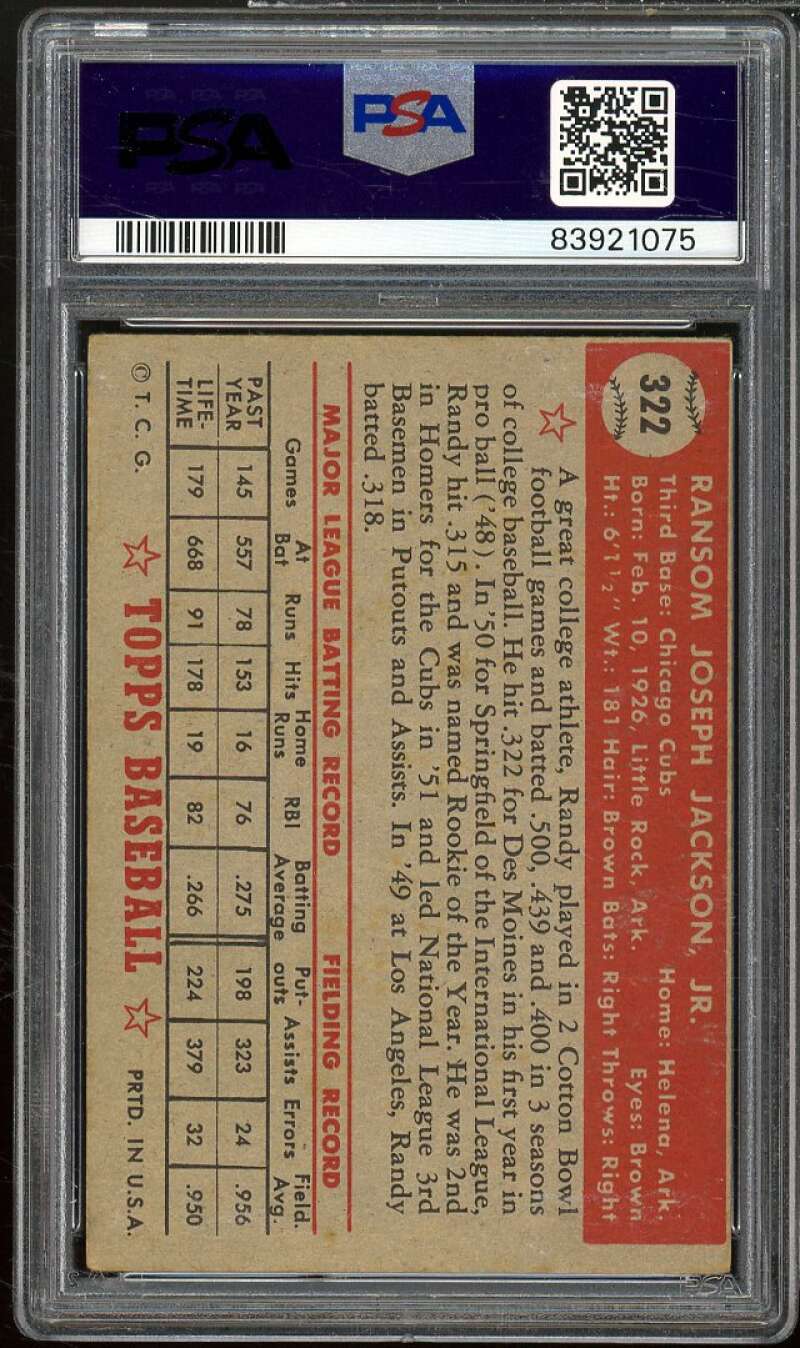 Randy Jackson Card 1952 Topps #322 PSA 4 Image 2