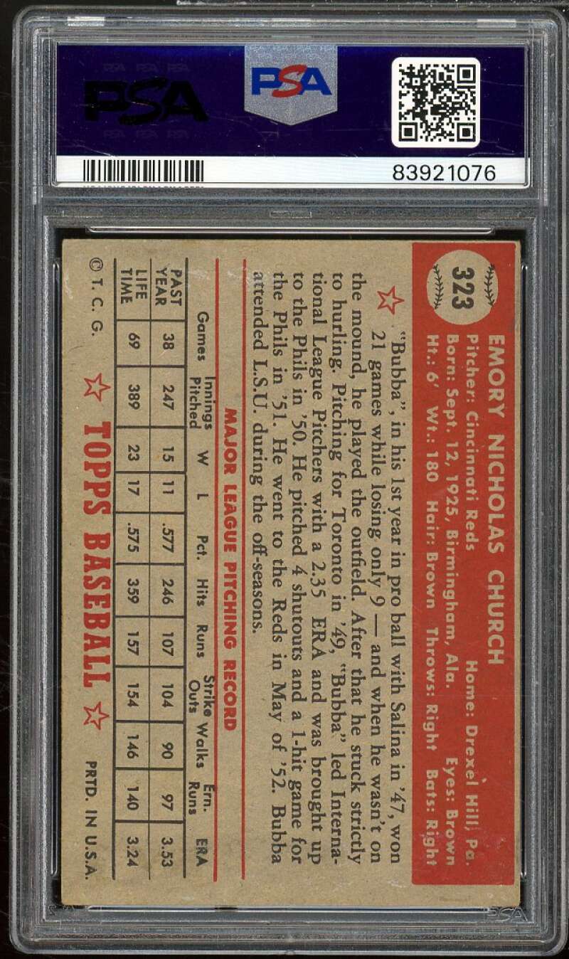 Bubba Church Card 1952 Topps #323 PSA 4 Image 2