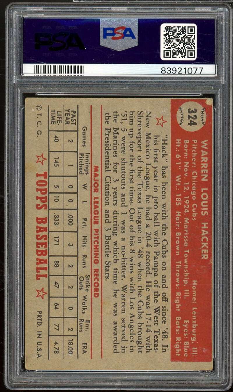 Warren Hacker Card 1952 Topps #324 PSA 4 Image 2