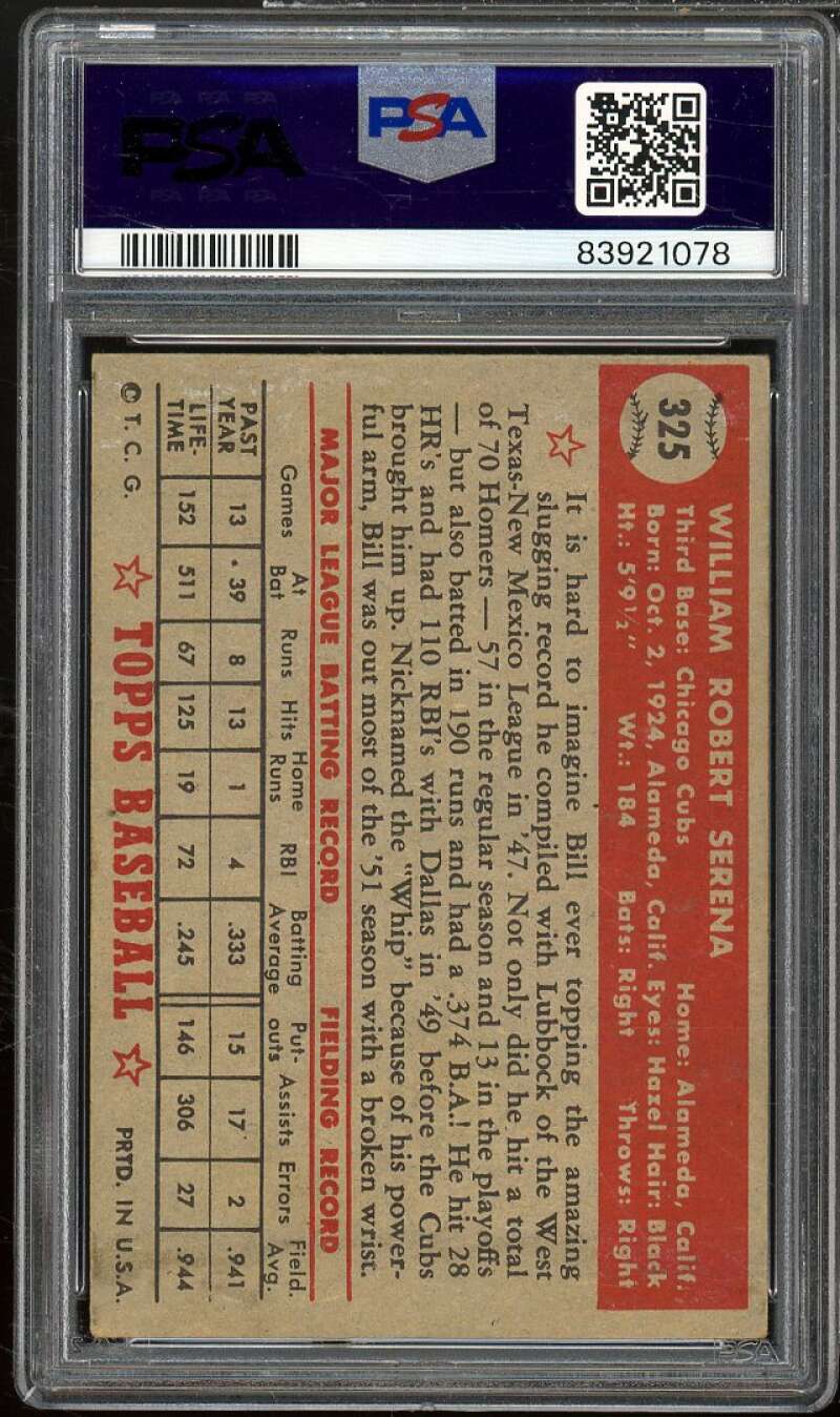 Bill Serena Card 1952 Topps #325 PSA 4 Image 2