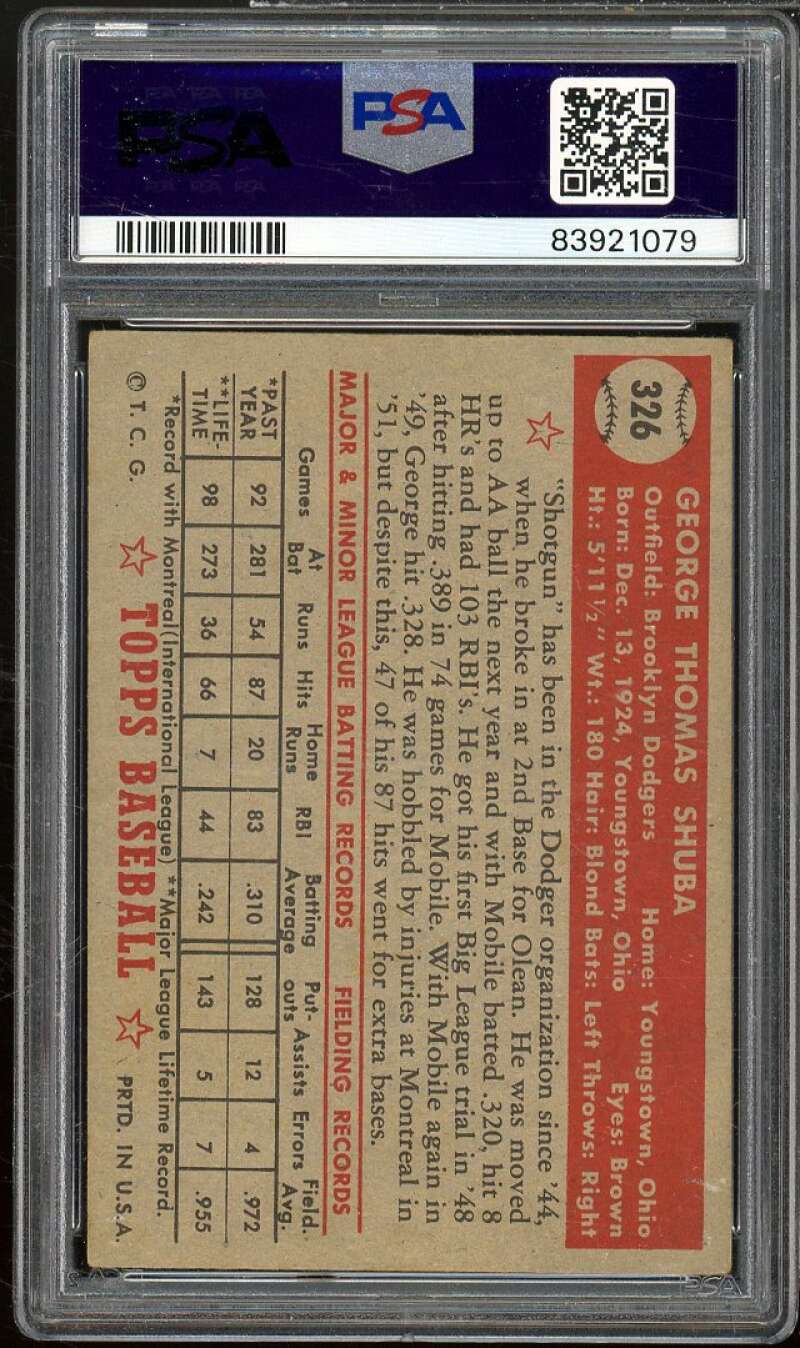 George Shuba Card 1952 Topps #326 PSA 4 Image 2