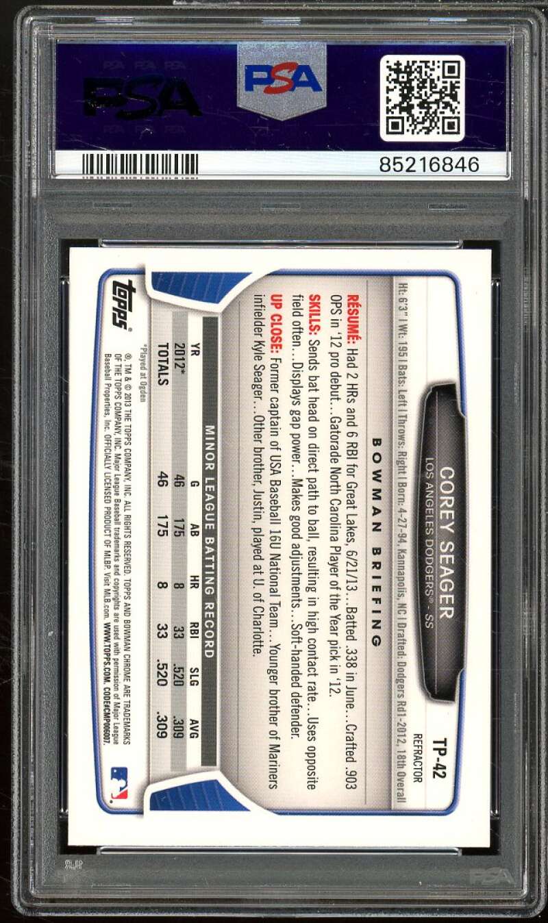 Corey Seager Card 2013 Bowman Chrome DP Pros Top Pros Refractor #TP-42 PSA 9 Image 2