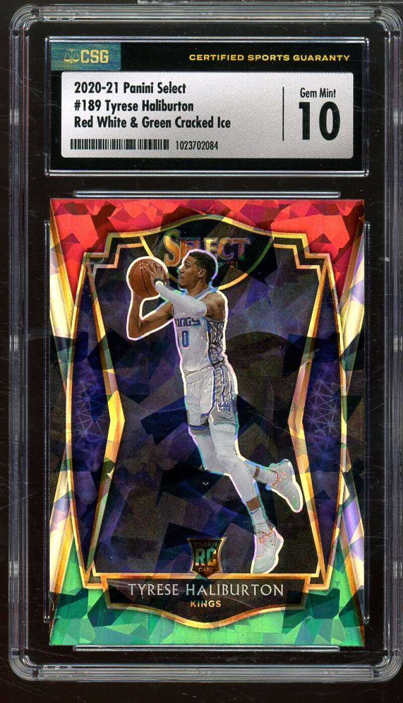 Tyrese Haliburton Rookie 2020-21 Select Red White Green Cracked Ice #189 CSG 10 Image 1