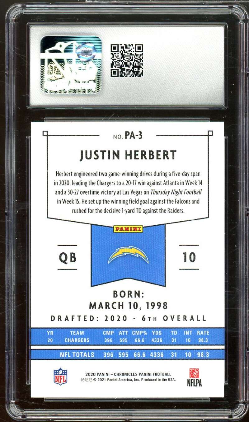 Justin Herbert Rookie Card 2020 Panini Chronicles Panini #PA-3 CSG 10 GEM MINT Image 2