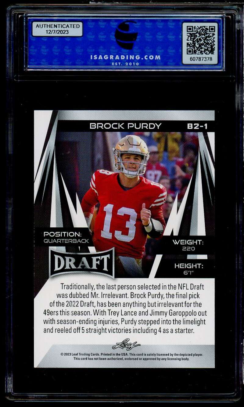 Brock Purdy Rookie Card 2023 Leaf Draft #B2-1 ISA 10 GEM MINT Image 2