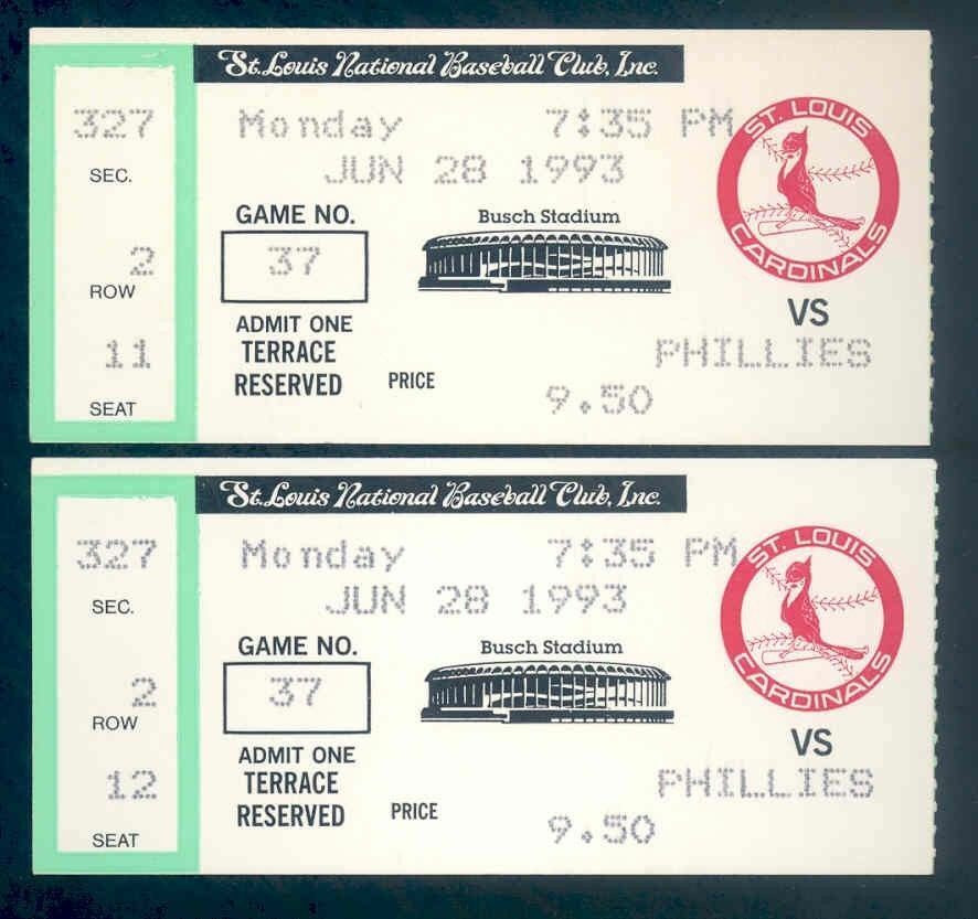 (2) June 29th 1993 St Louis Cardinals vs Phillies Busch Stadium Ticket Stubs Image 1