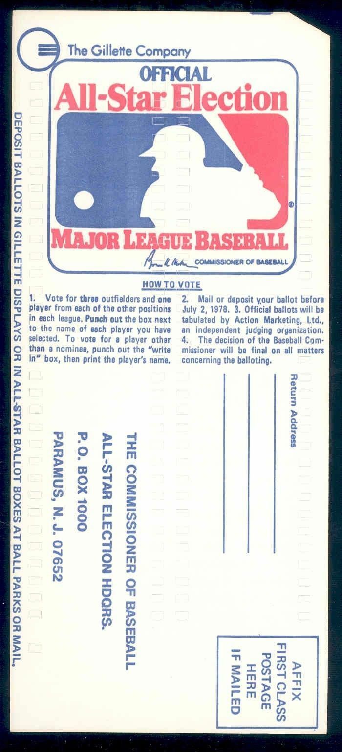 1978 Gillette All Star Game Official Baseball MLB Ballot Image 1
