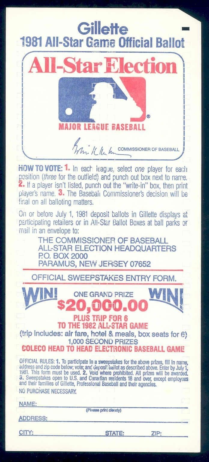 1981 Gillette All Star Game Official Baseball MLB Ballot Image 1