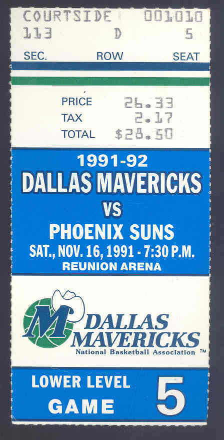 1991-92 November 16, 1991 Mavericks vs Suns Reunion Arena Courtside Ticket Image 1
