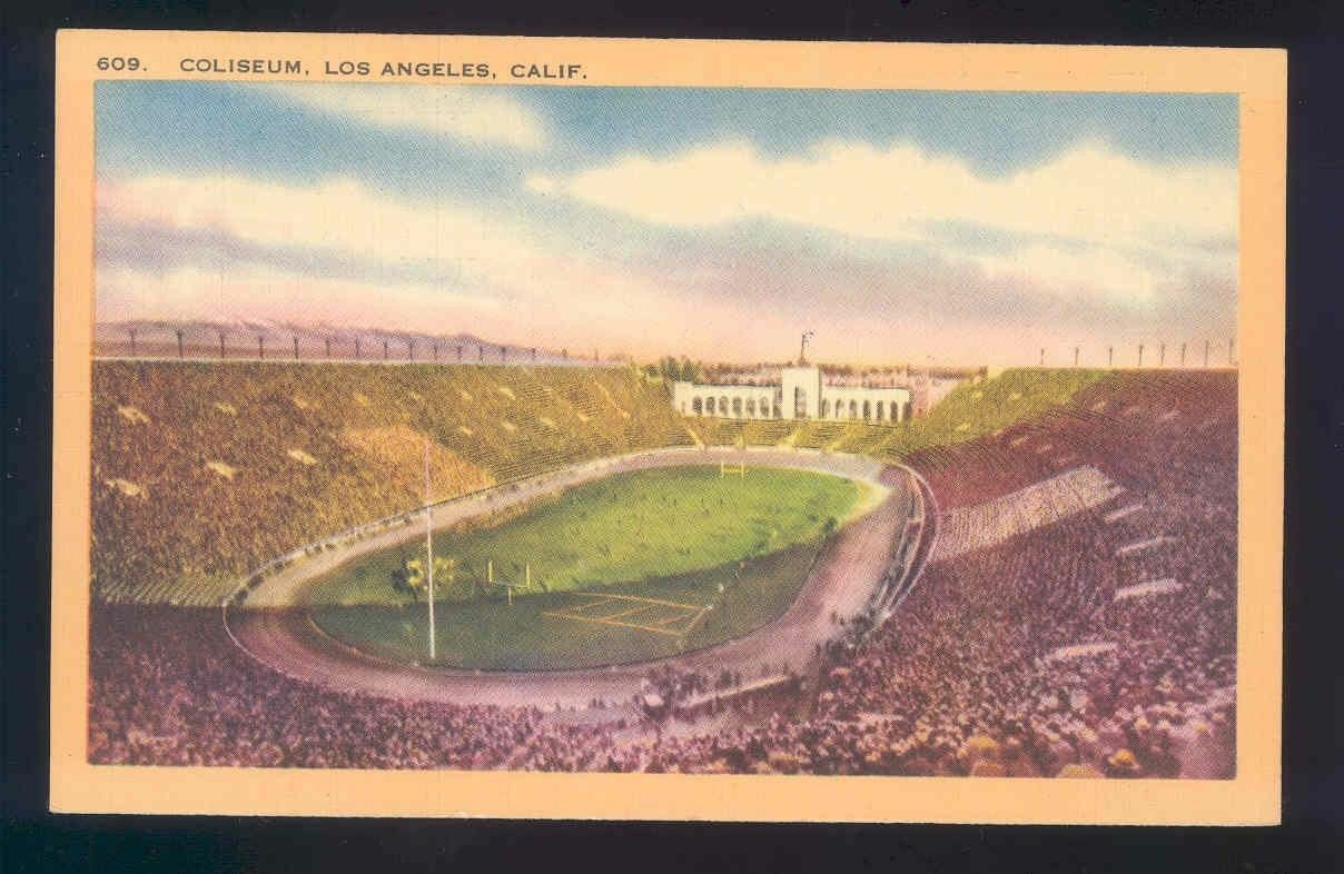 linen football olympic postcard COLISEUM LOS ANGELS CALIFORNIA stadium Image 1