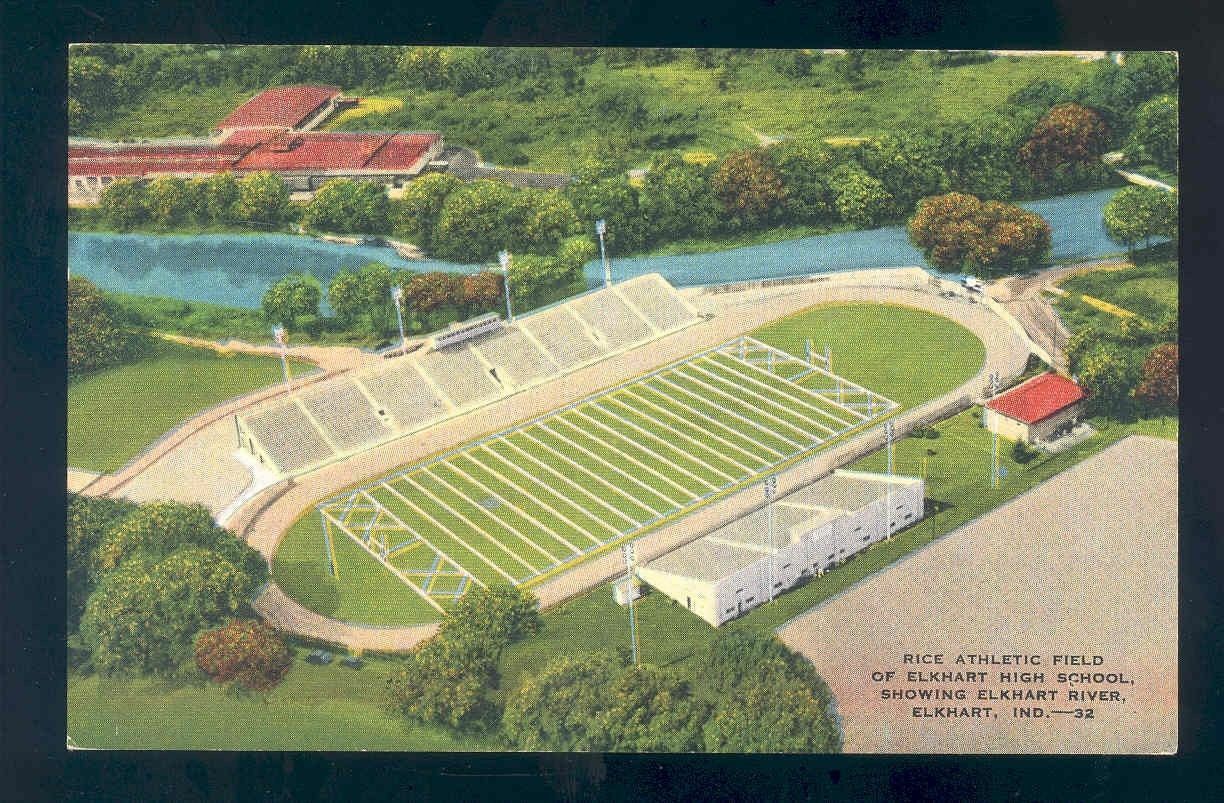 linen football postcard RICE ATHLETIC FIELD OF ELKHART HIGH SCHOOL stadium Image 1