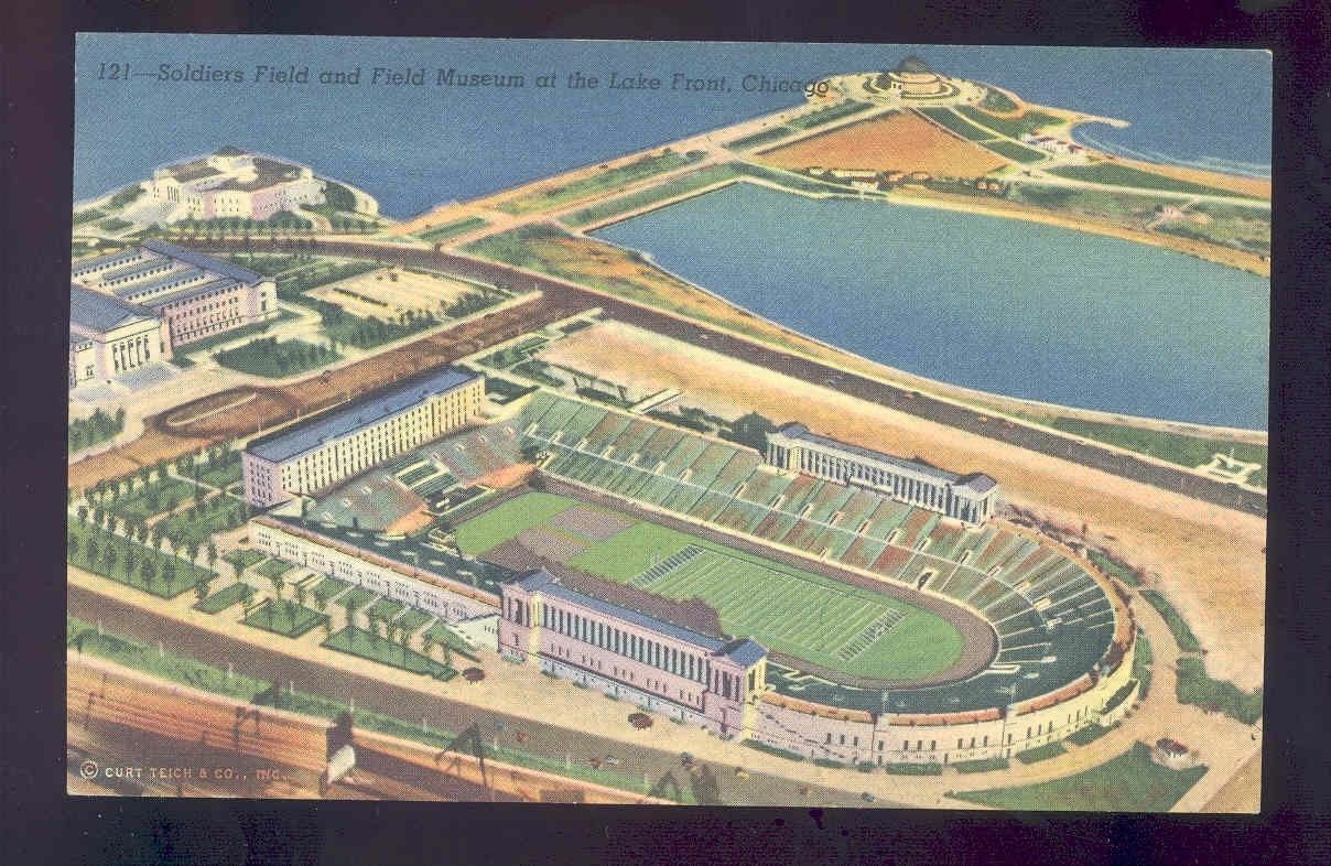 linen football postcard SOLDIERS FIELD AND MUSEUM LAKE FRONT CHICAGO stadium Image 1