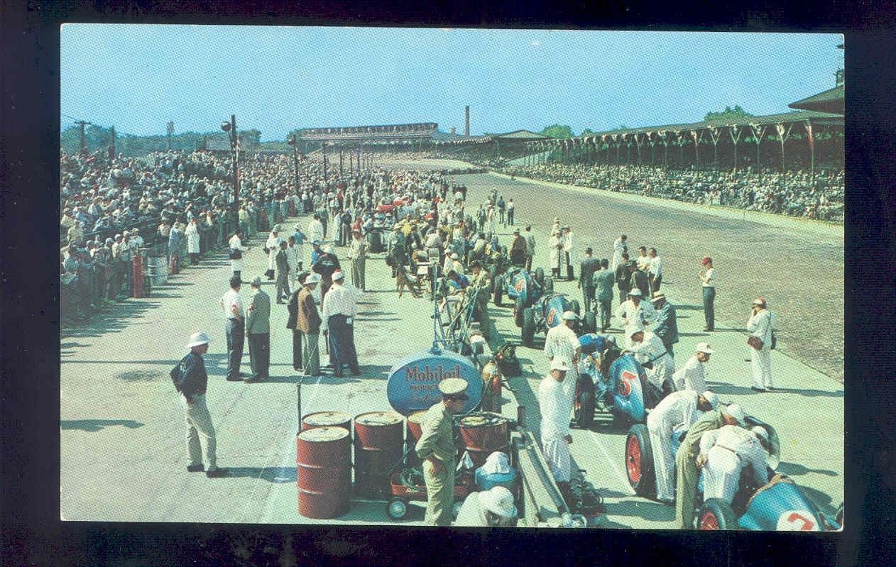 glossy dextone racing postcard INDIANAPOLIS MOTOR SPEEDWAY pit area nascar Image 1