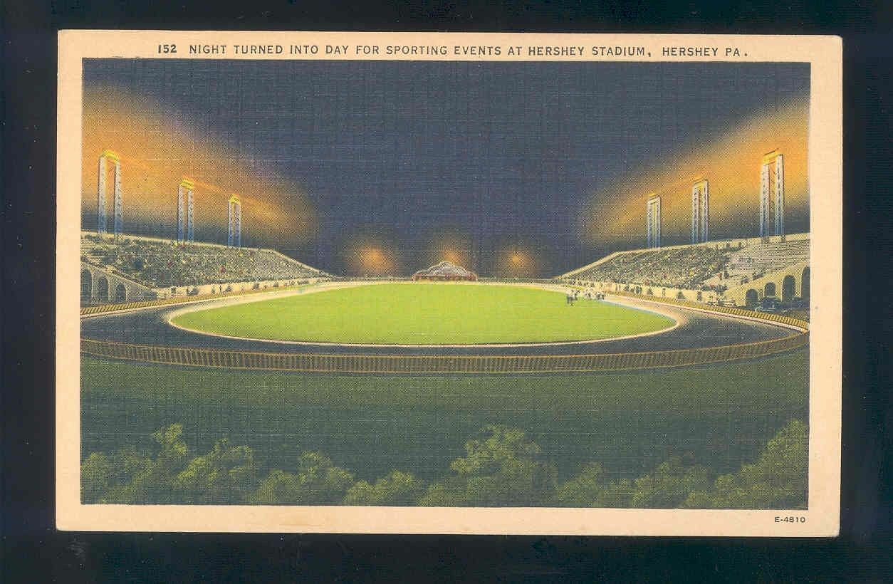 linen sports postcard HERSHEY STADIUM night to day for sporting events Image 1