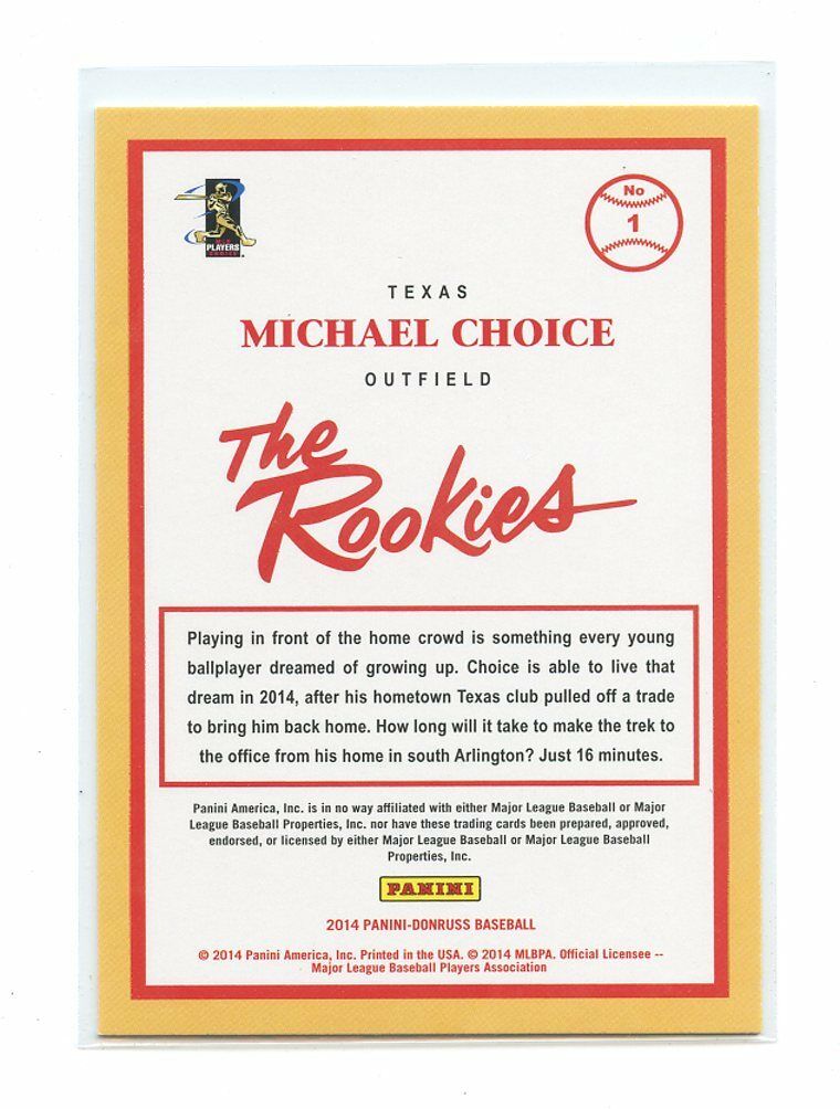 2014 Donruss The Rookies #1 Michael Choice Texas Rangers rookie card Image 2