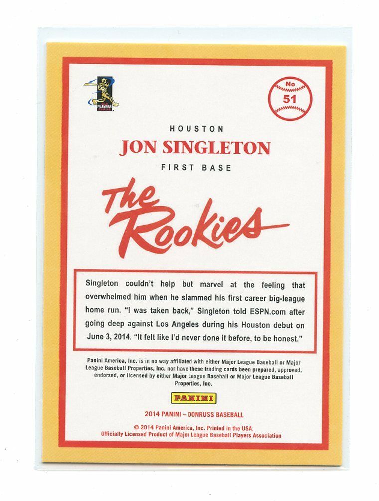 2014 Donruss The Rookies #51 Jon Singleton Houston Astros rookie card Image 2