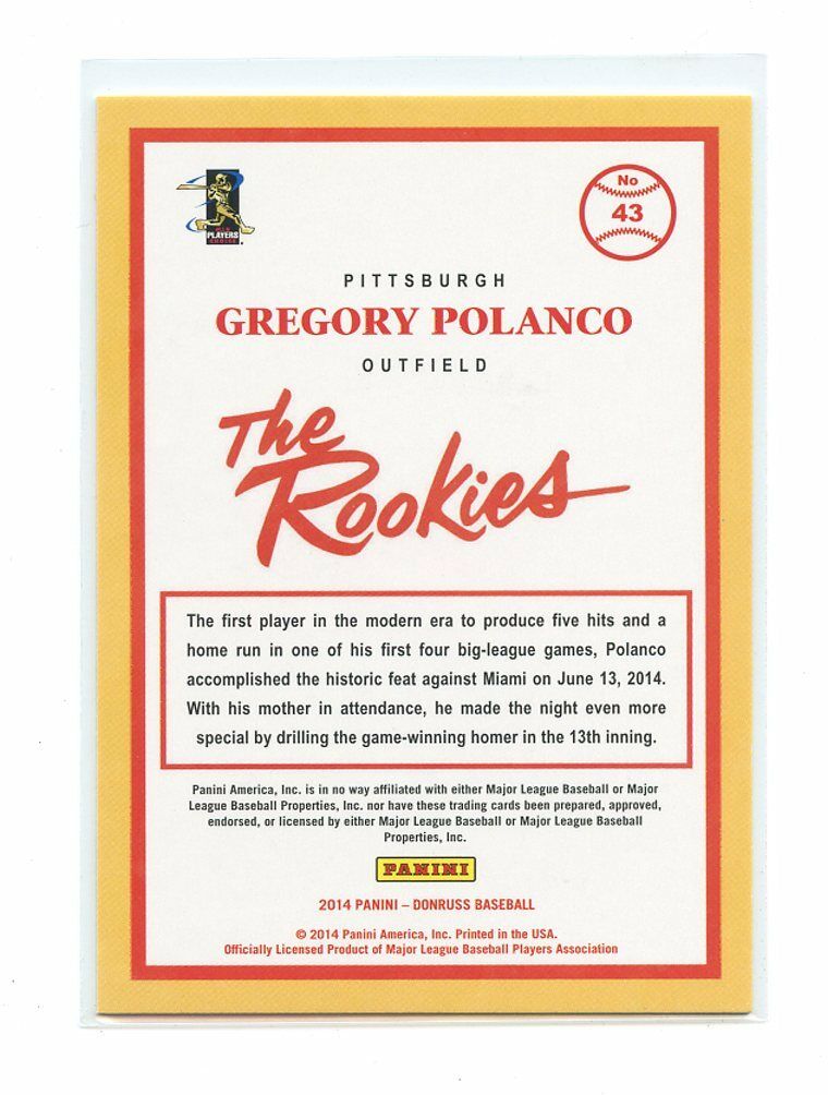2014 Donruss The Rookies #43 Gregory Polanco Pittsburgh Pirates rookie card Image 2