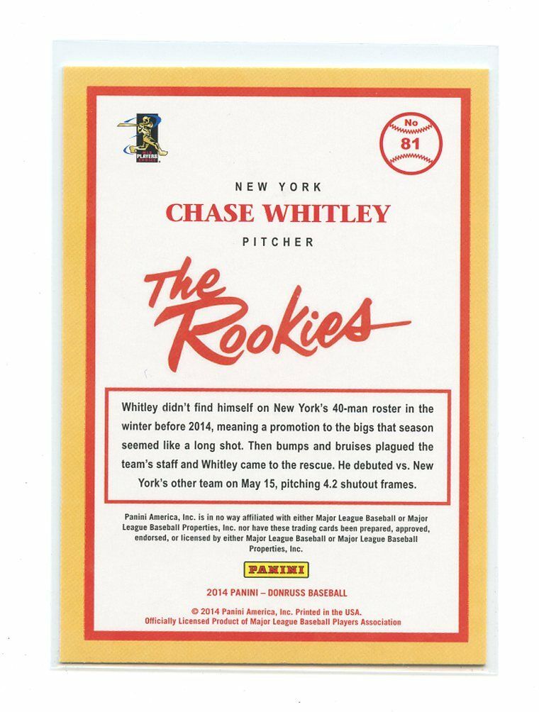 2014 Donruss The Rookies #81 Chase Whitley New York Yankees rookie card Image 2