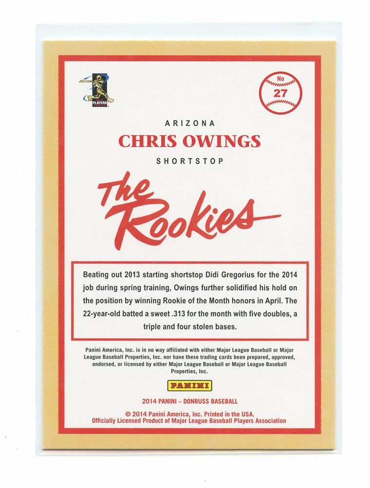 2014 Donruss The Rookies #27 Chris Owings Arizona Diamondbacks rookie card Image 2