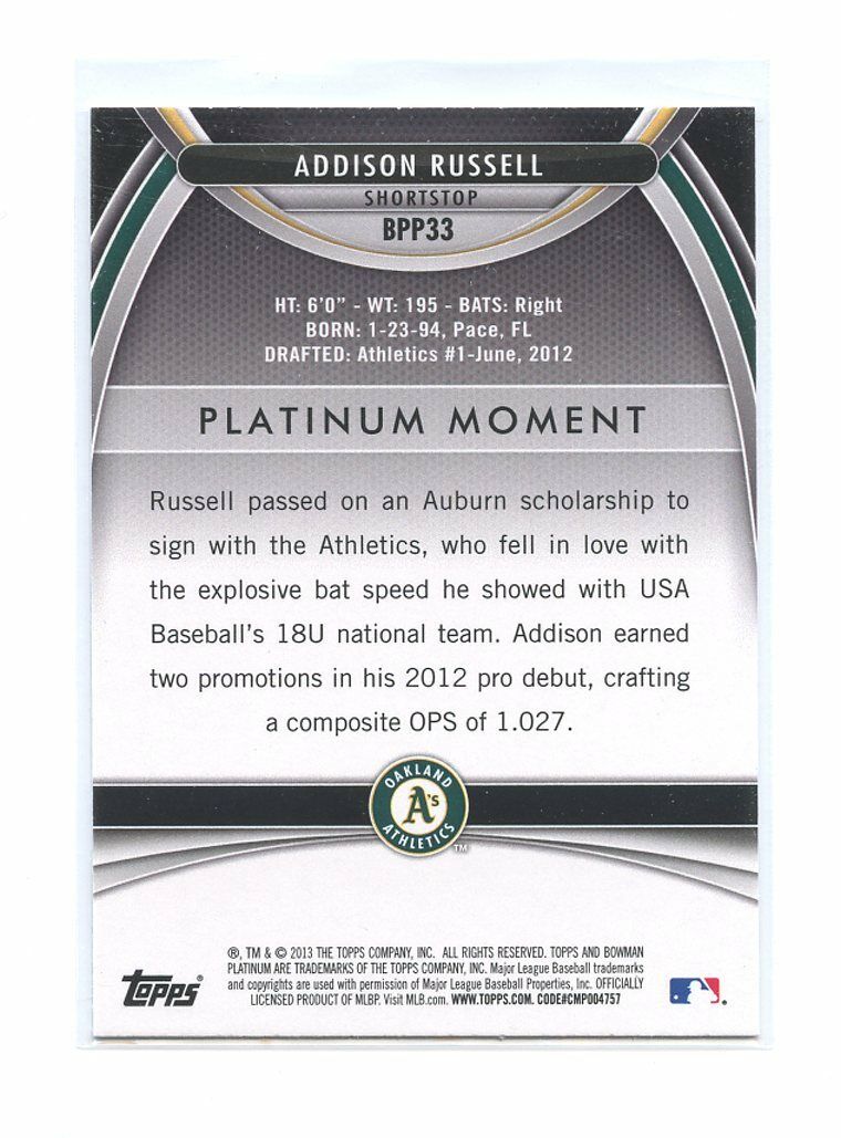 2011 Bowman Platinum Prospects #BPP33 Addison Russell Athletics Rookie Card Image 2