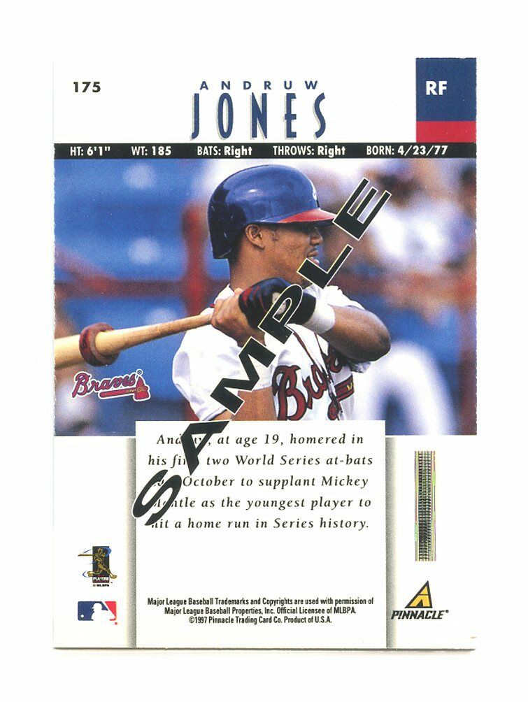 1997 New Pinnacle Sample #175 Andruw Jones Atlanta Braves Rookie Sample Card Image 2