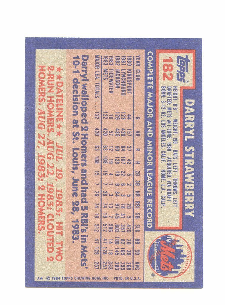 1984 Topps #182 Darryl Strawberry New York Mets Rookie Card Image 2