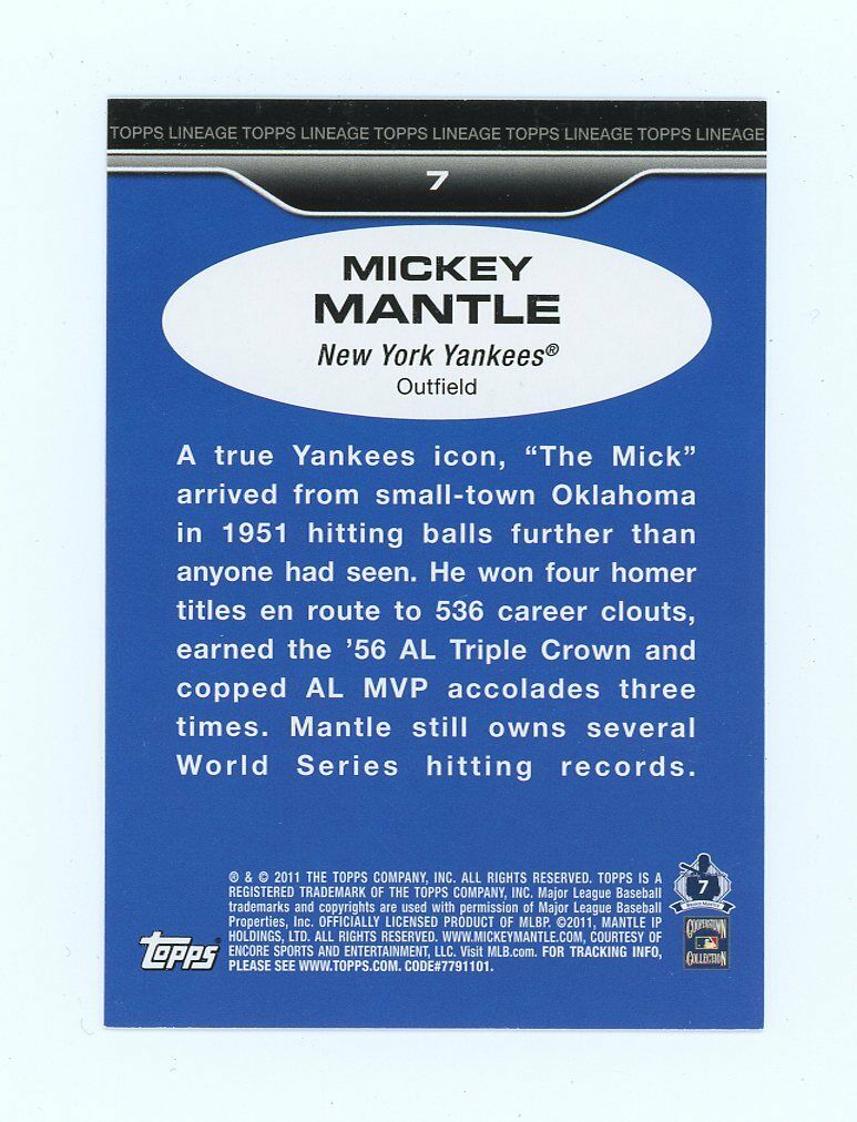 2011 Topps Lineage #7 Mickey Mantle Yankees Card Image 2