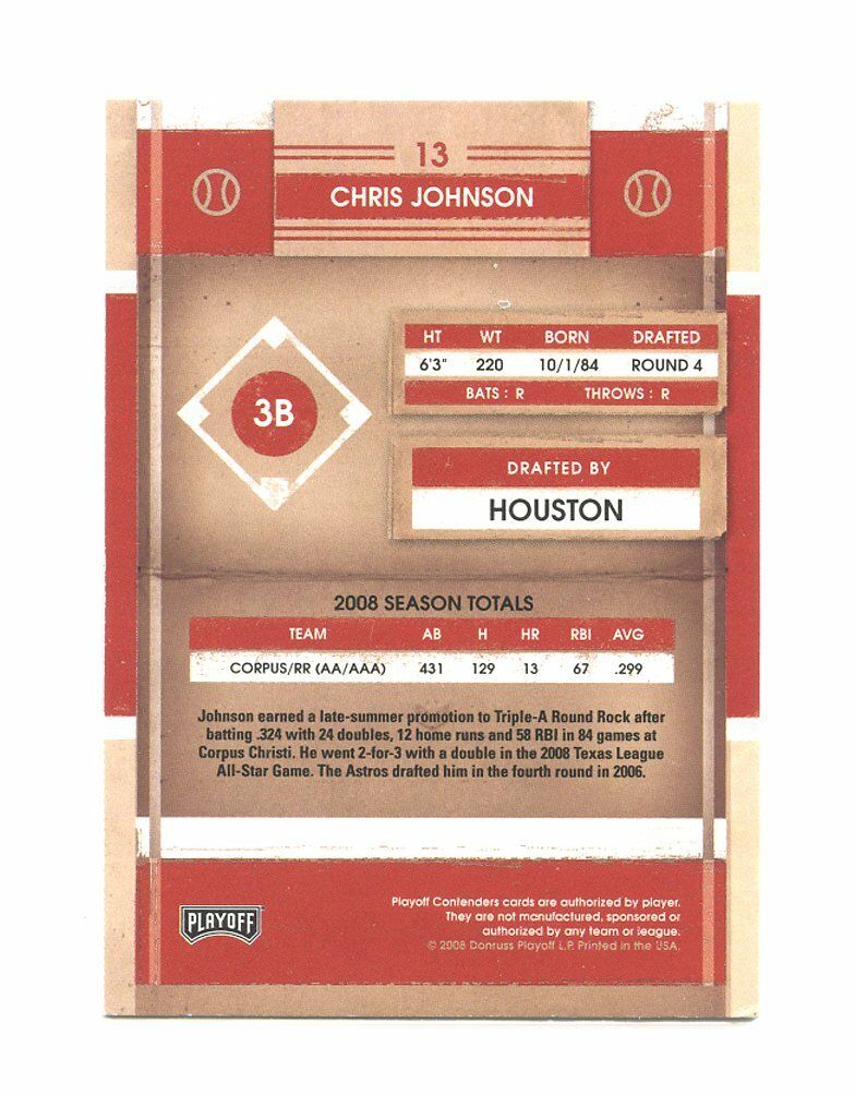 2008 Playoff Contenders #13 Chris Johnson Houston Astros Rookie Card Image 2